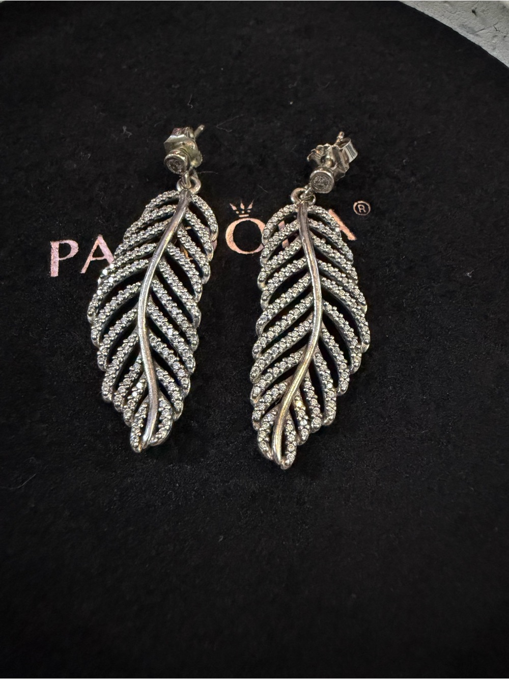 Pandora Silver Leaf Drop Earrings with Clear Stones